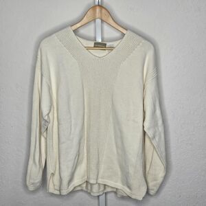 Liz Claiborne Lizwear Cotton Sweater‎ Cream Knit Pullover V-Neck Women’s Large